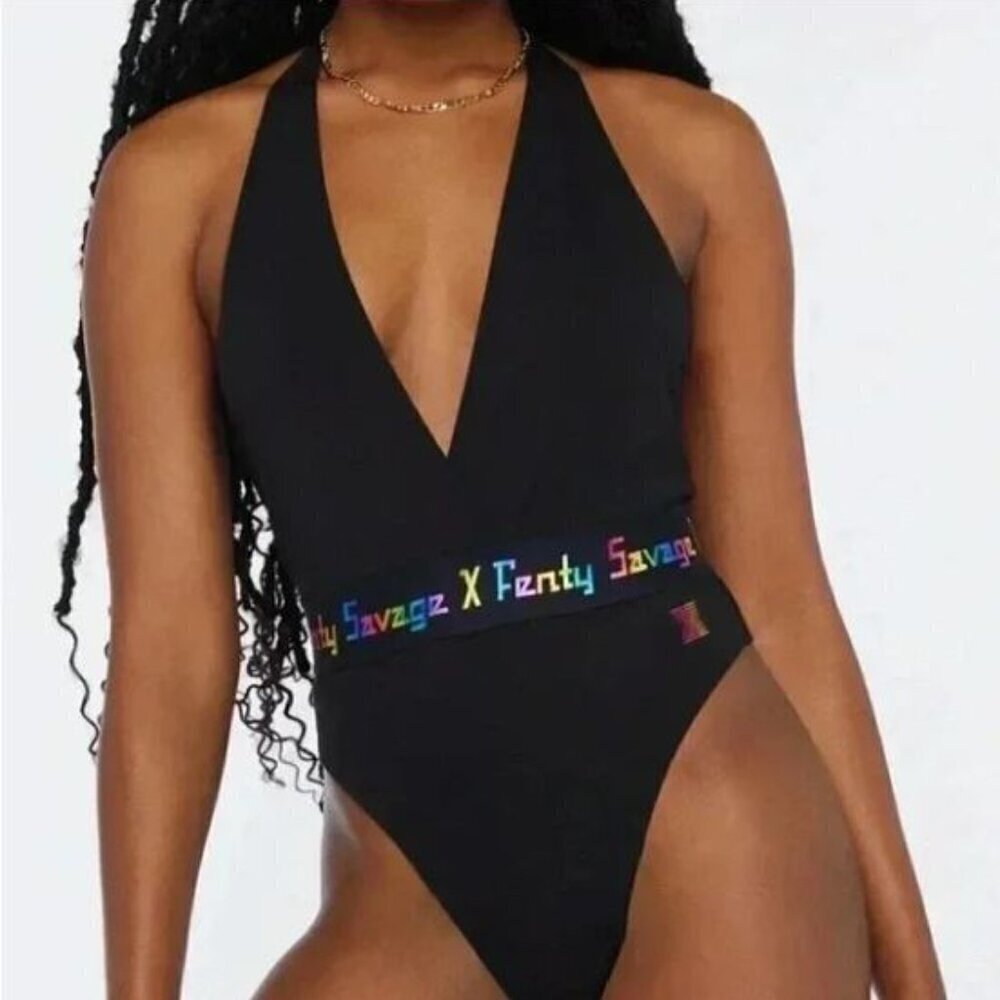 Savage X Fenty Missy Forever Rainbow Logo Black Bodysuit Size Small